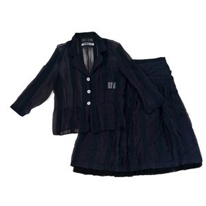 Ambiente Navy Silk Sheer Lace Hem Skirt Suit, Made in Germany Size 10